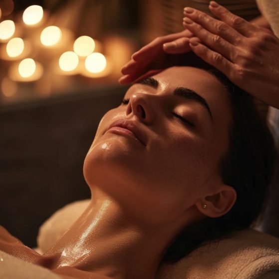 A woman is pictured receiving a relaxing facial massage at a spa. This image can be used to promote self-care and the benefits of spa treatments.